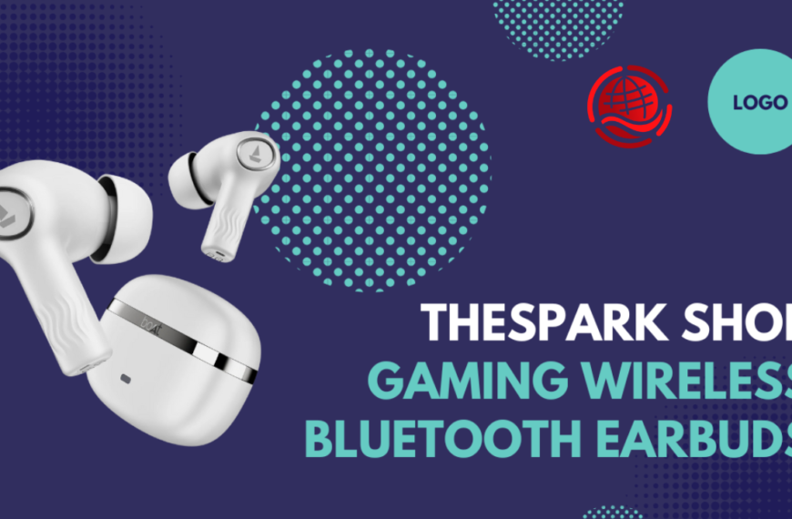Wireless earbuds and charging case displayed on a dark background with teal and red dotted patterns. Text reads, TheSpark Shop Gaming Wireless Bluetooth Earbuds. Two logos are visible at the top right.