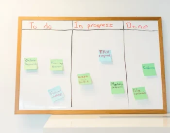 Whiteboard with colourful sticky notes organised into to-do, in-progress and done columns
