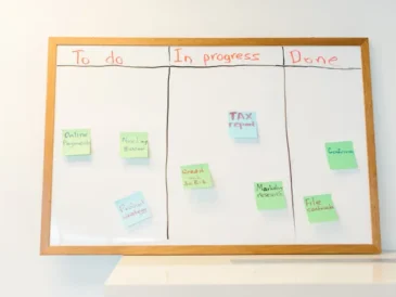 Whiteboard with colourful sticky notes organised into to-do, in-progress and done columns