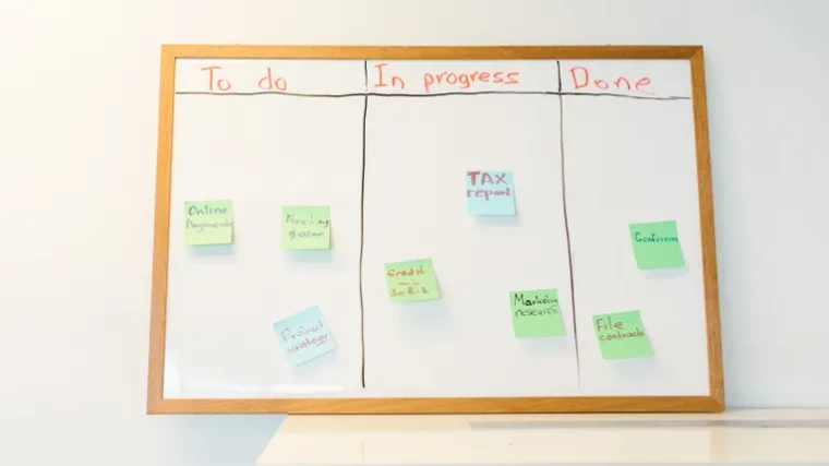 Whiteboard with colourful sticky notes organised into to-do, in-progress and done columns