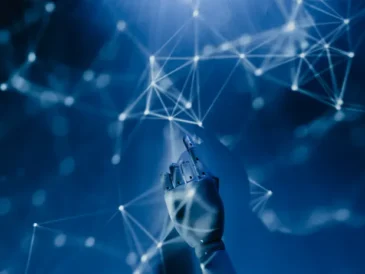 Futuristic robotic hand touching a digital network representing agentic AI