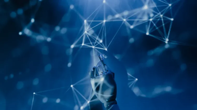 Futuristic robotic hand touching a digital network representing agentic AI