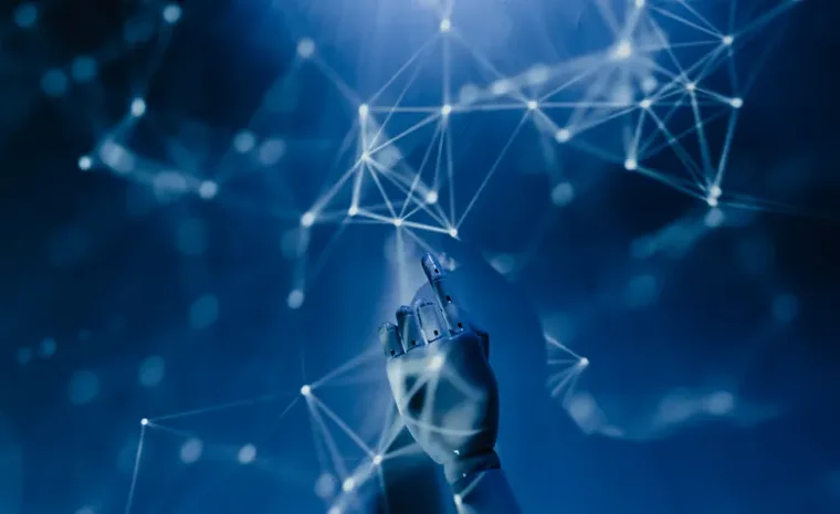 Futuristic robotic hand touching a digital network representing agentic AI