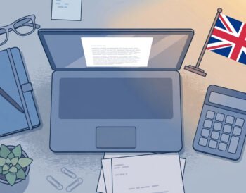 Flat illustration of a UK business planning workspace with a laptop showing a business plan document, a notebook and pen, a calculator, financial papers and a Union Jack flag