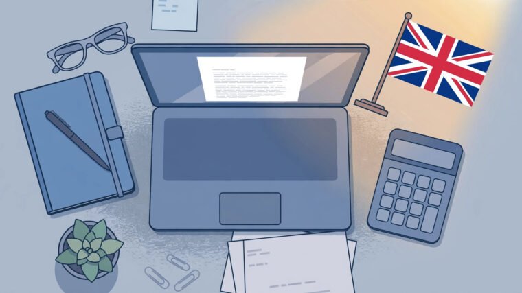 Flat illustration of a UK business planning workspace with a laptop showing a business plan document, a notebook and pen, a calculator, financial papers and a Union Jack flag