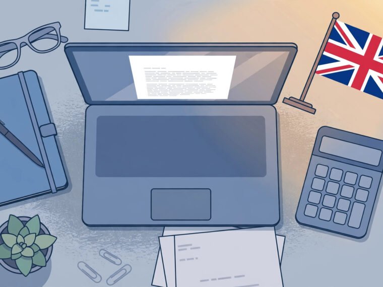 Flat illustration of a UK business planning workspace with a laptop showing a business plan document, a notebook and pen, a calculator, financial papers and a Union Jack flag